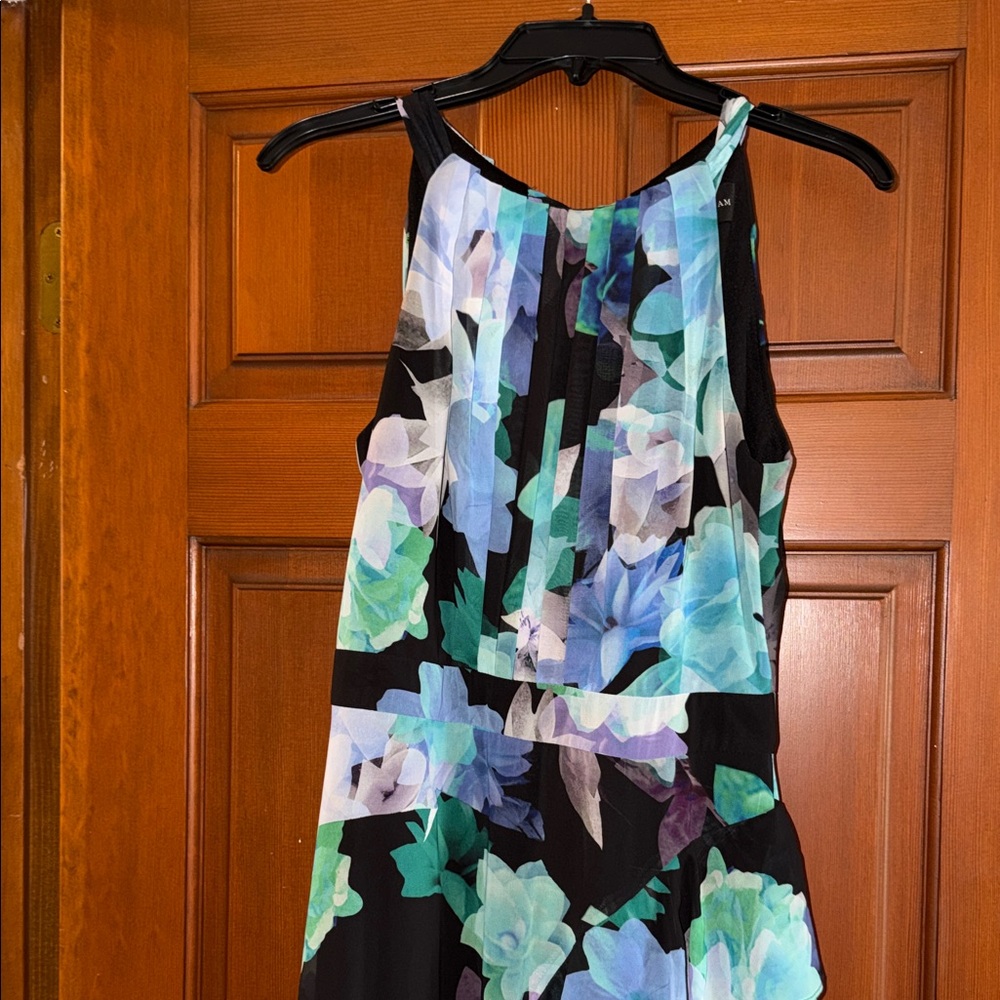 NWT Betsy & Adam Halter, Chiffon Maxi Dress-Black, White, Green and Blue Size 4